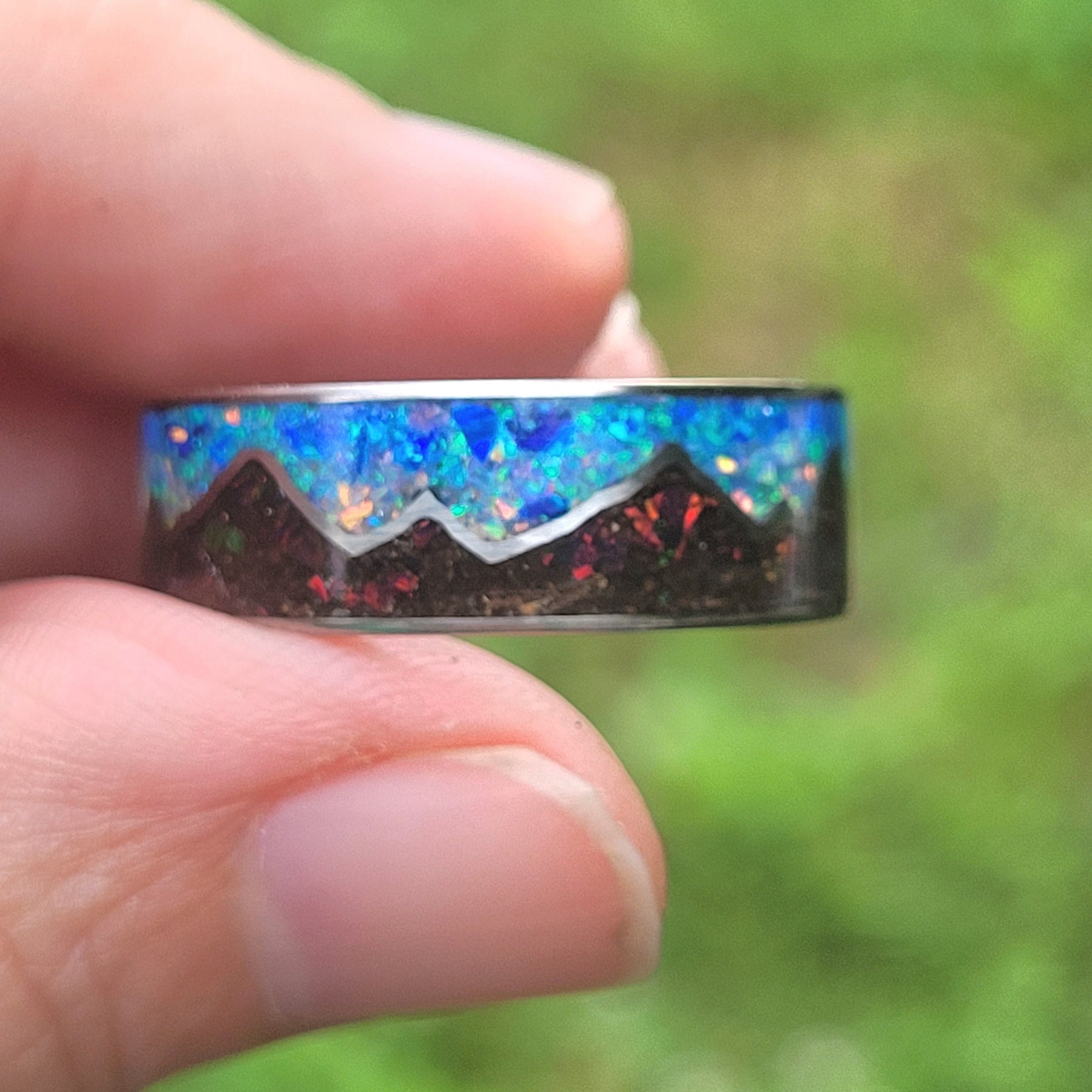 Keepsake Memory Ring "Mountains On My Mind" Titanium Band by Cotton Street Art Company, handmade jewelry detail photo 3