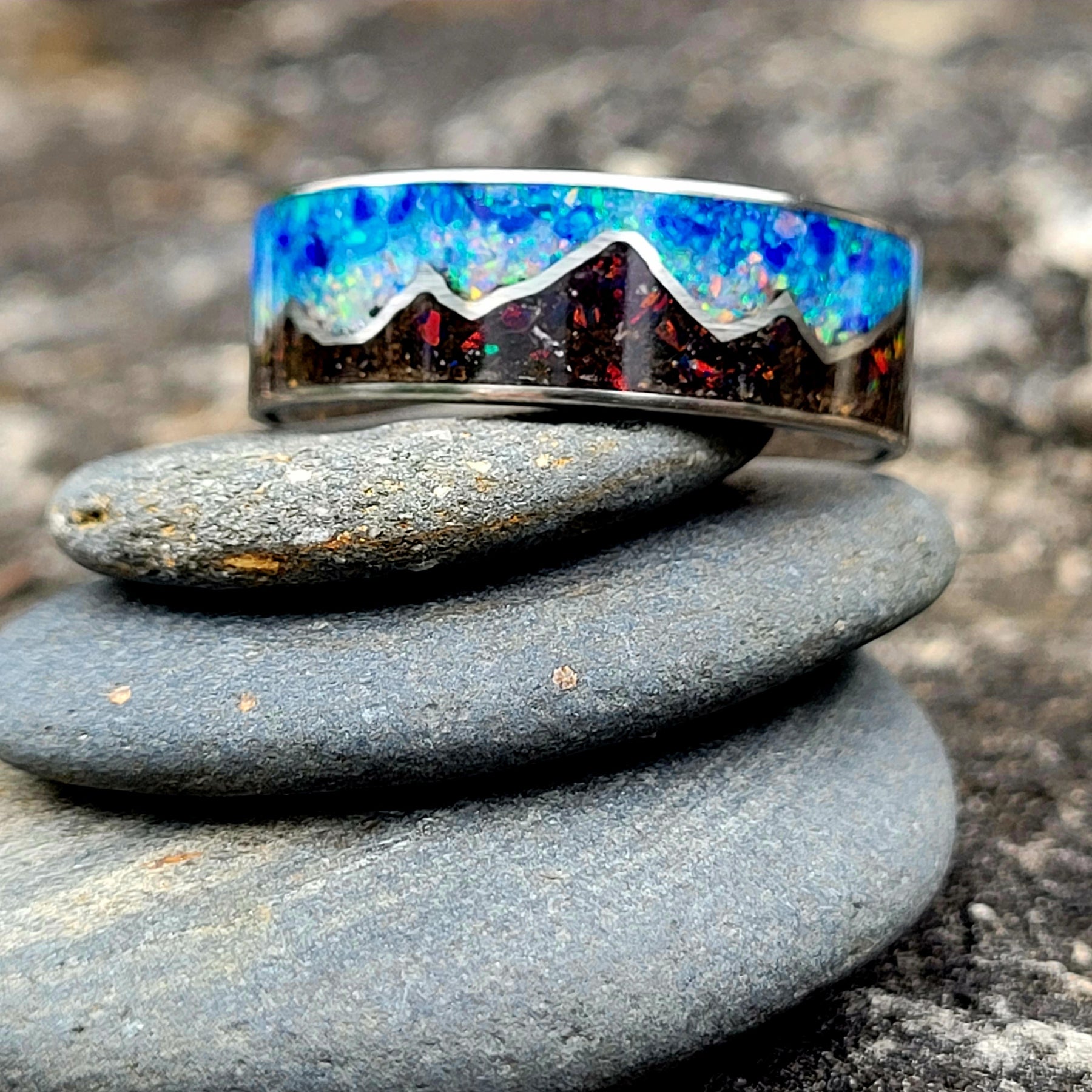 Keepsake Memory Ring "Mountains On My Mind" Titanium Band by Cotton Street Art Company, handmade jewelry main product photo