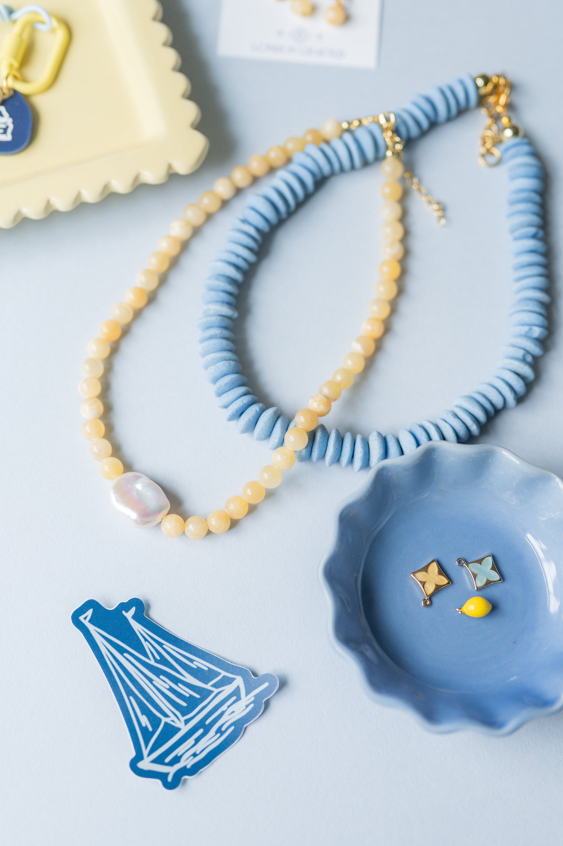 The Soleil Yellow Beaded Pearl Necklace detail view by London Crafted