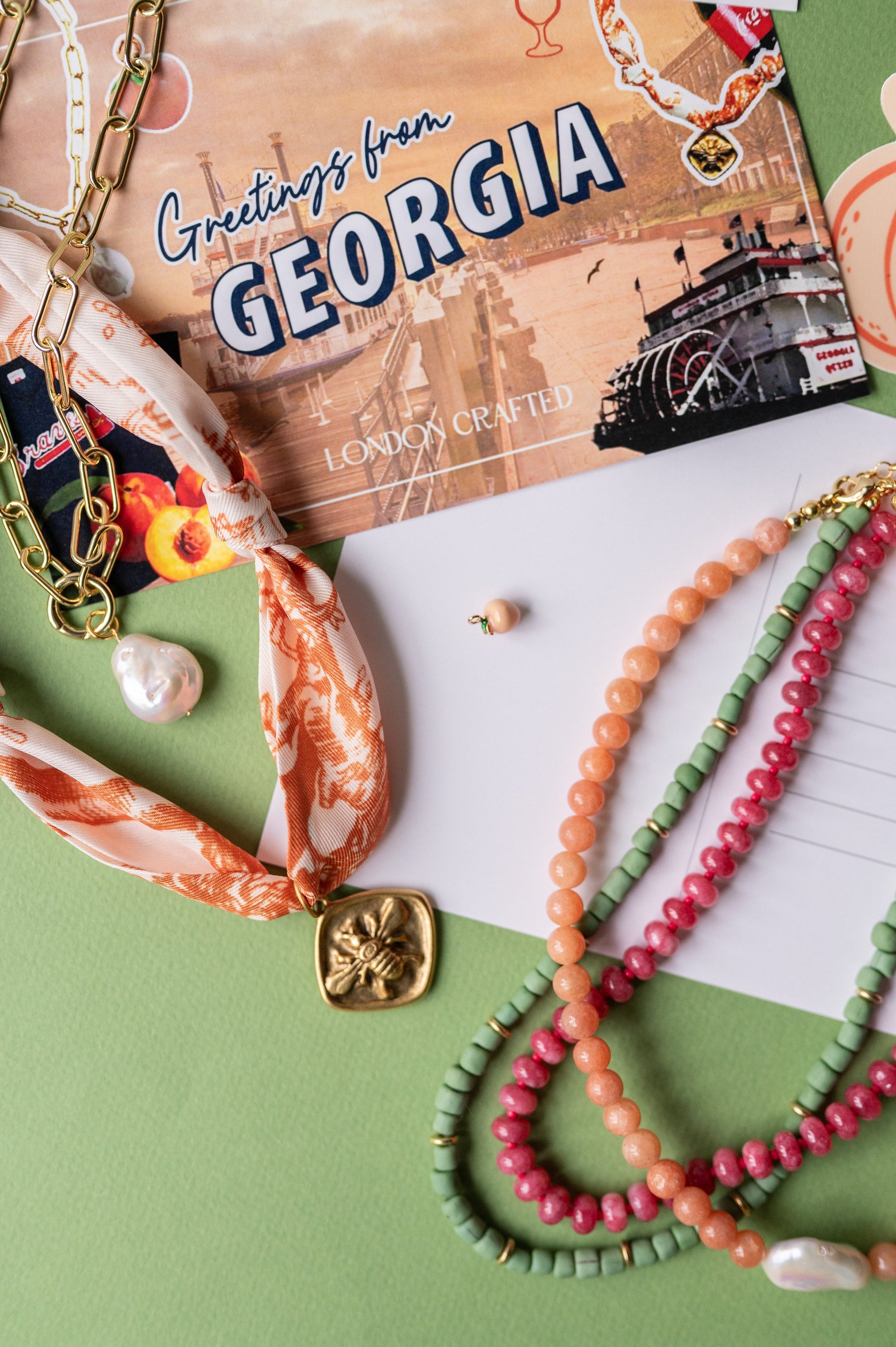 The Georgia Peach Glass Beaded Pearl Necklace detail view by London Crafted