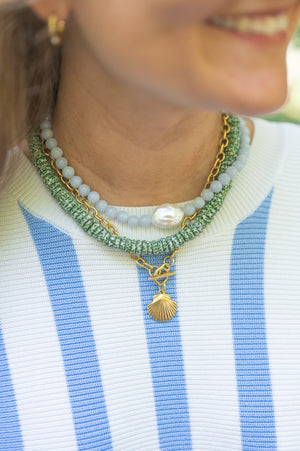 The Ophelia Blue Mother of Pearl Beaded Necklace detail view by London Crafted