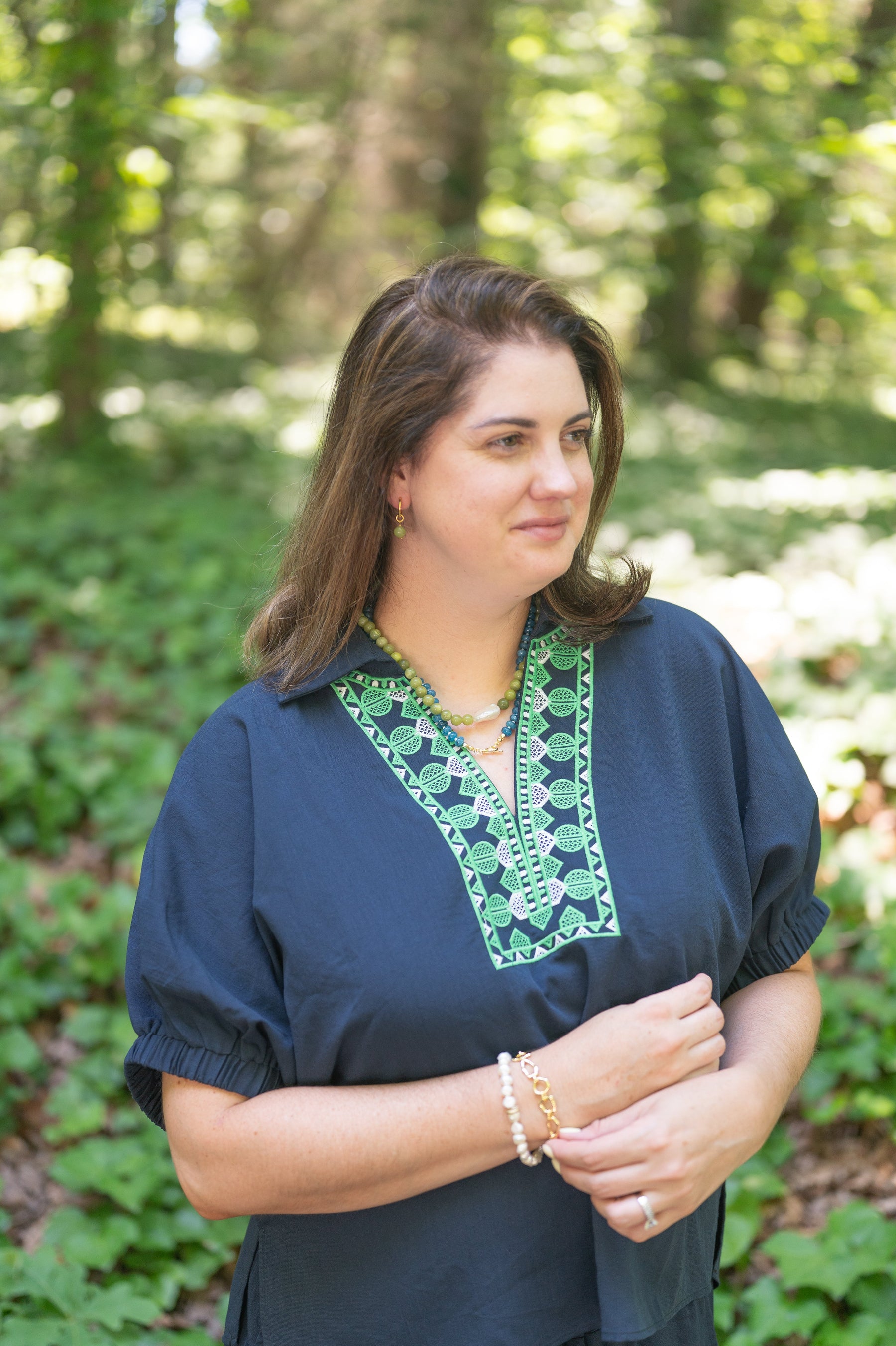 The Hudson Green Glass and Freshwater Pearl Necklace detail view by London Crafted