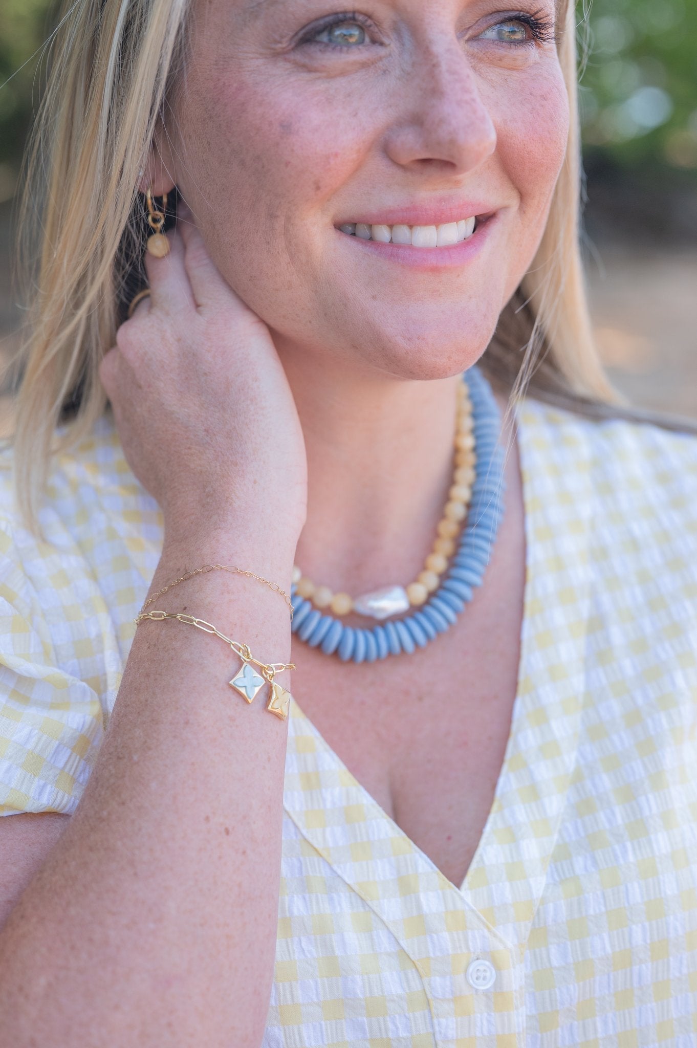 The Soleil Yellow Beaded Pearl Necklace detail view by London Crafted