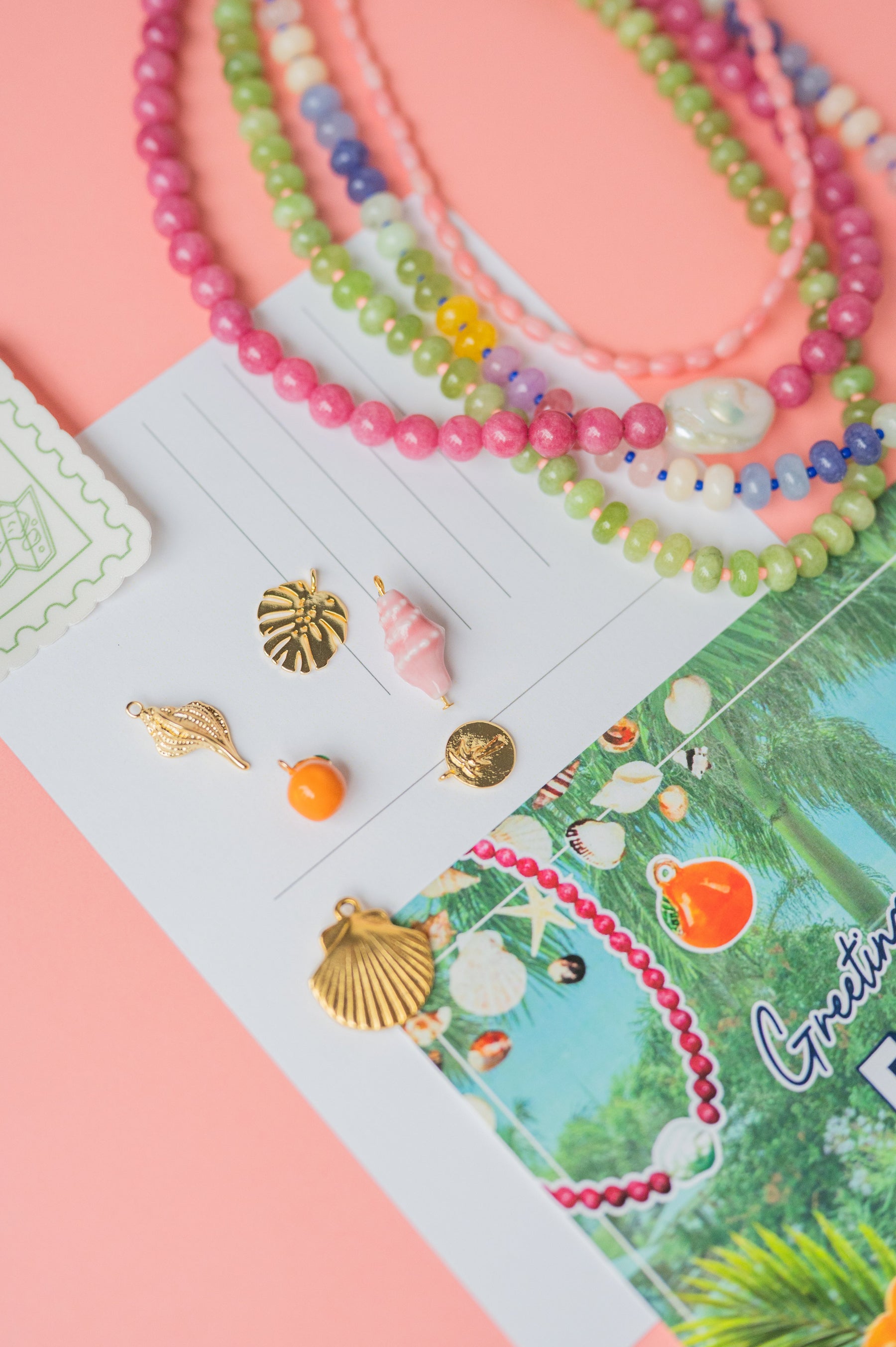 The Naples Strawberry Pink Beaded Pearl Necklace detail view by London Crafted