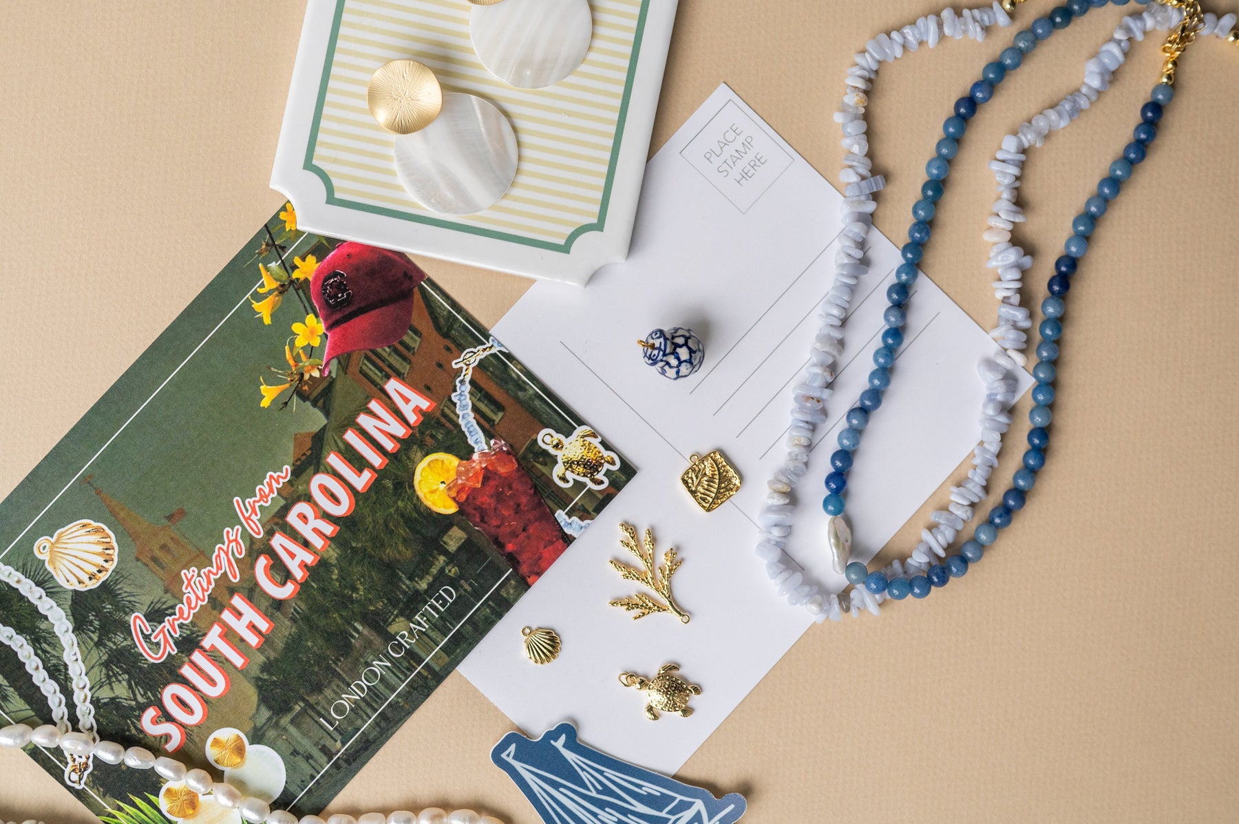 The Skye Blue Chipped Beaded Necklace detail view by London Crafted