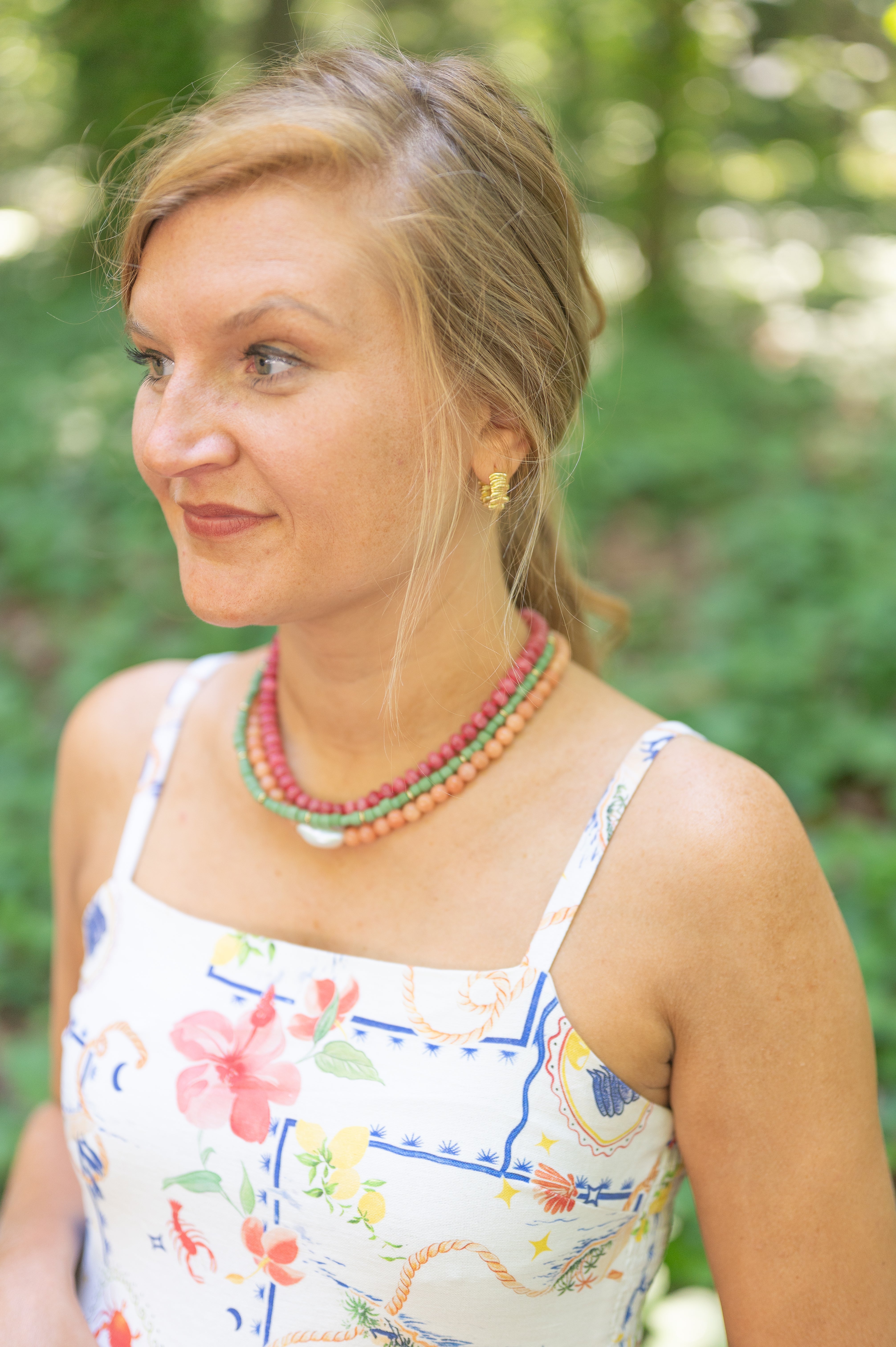 The Atlanta Watermelon Pink Rondelle Beaded Necklace detail view by London Crafted