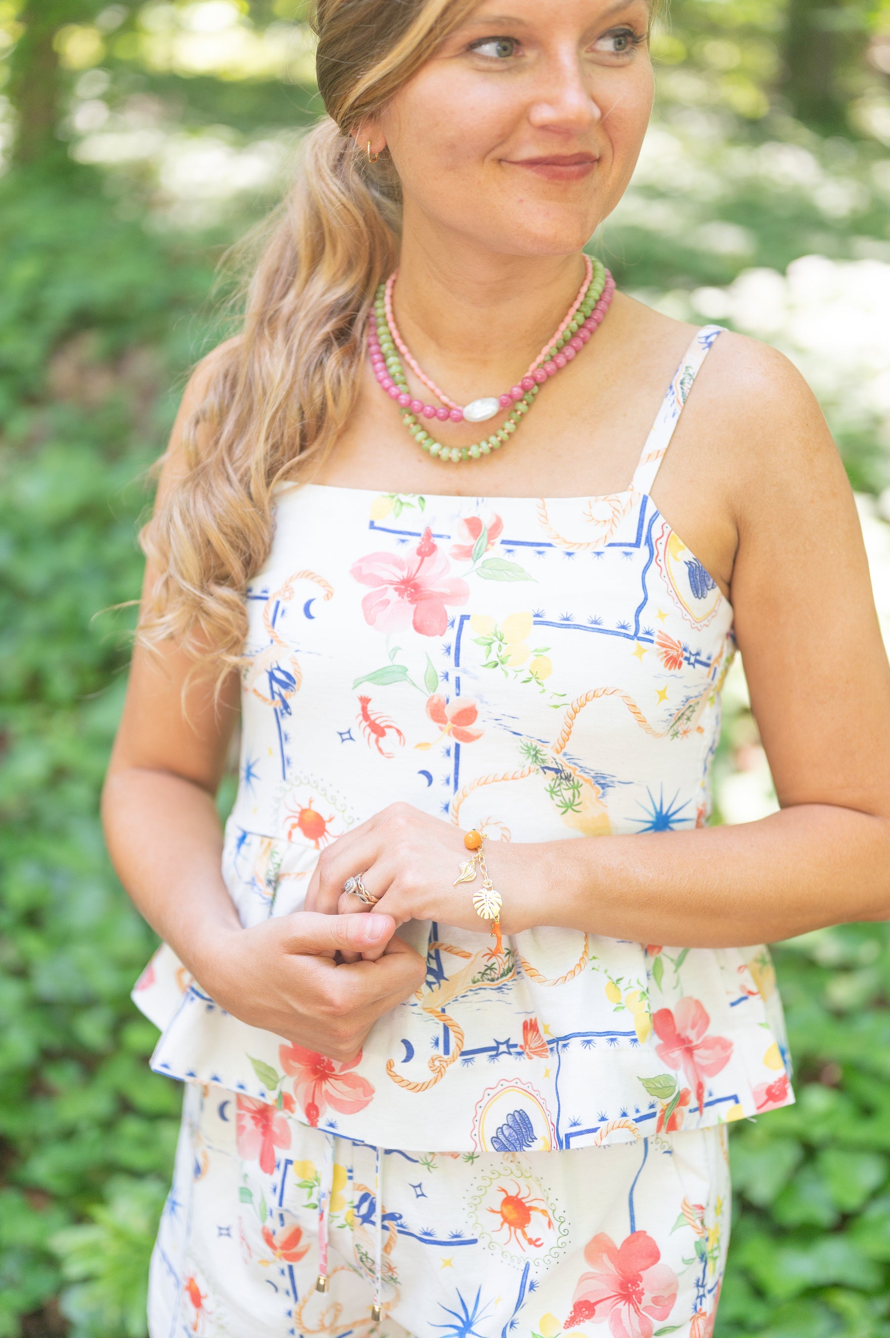 The Palm Beach Green and Pink Beaded Necklace detail view by London Crafted