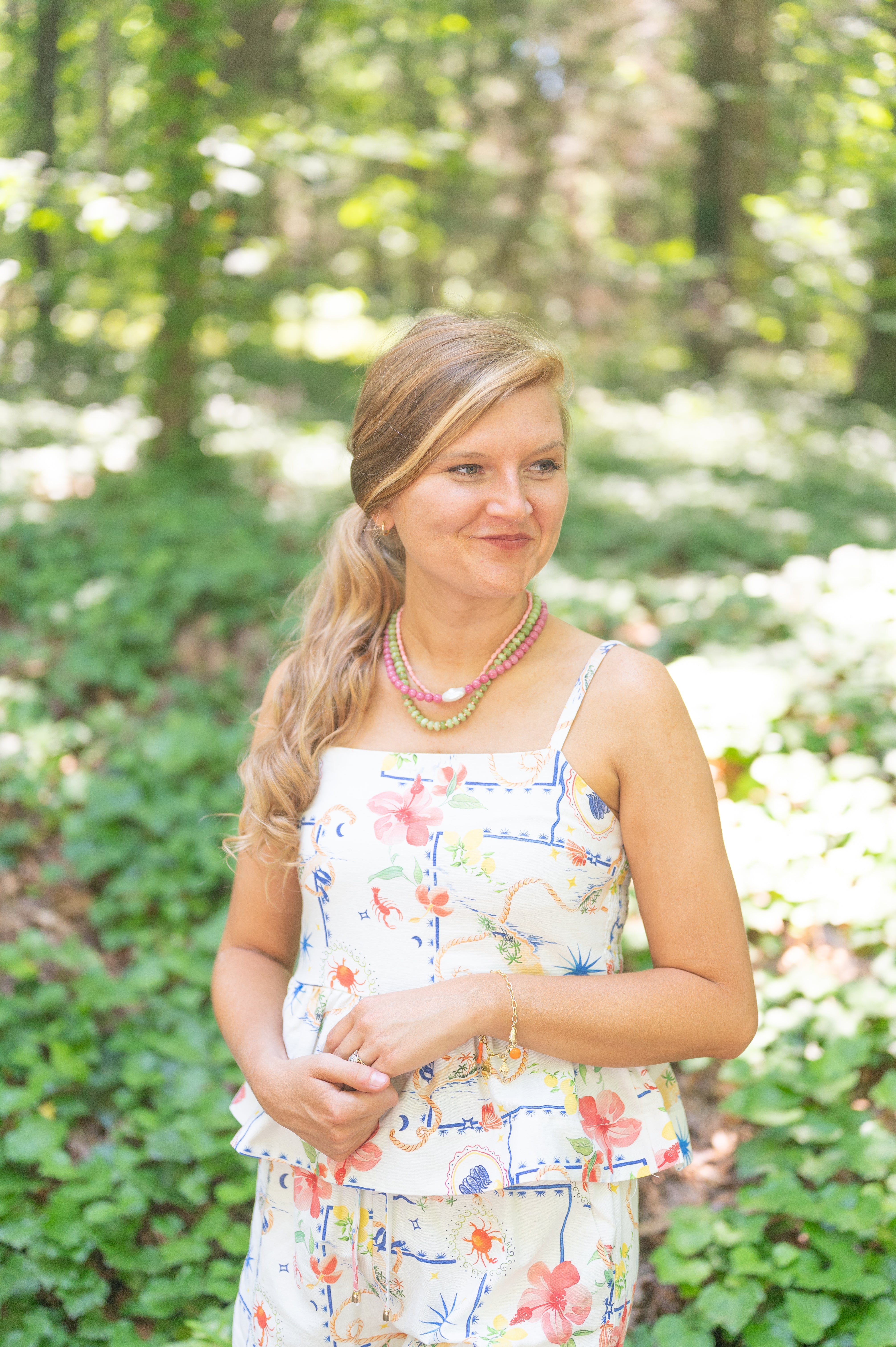 The Naples Strawberry Pink Beaded Pearl Necklace detail view by London Crafted