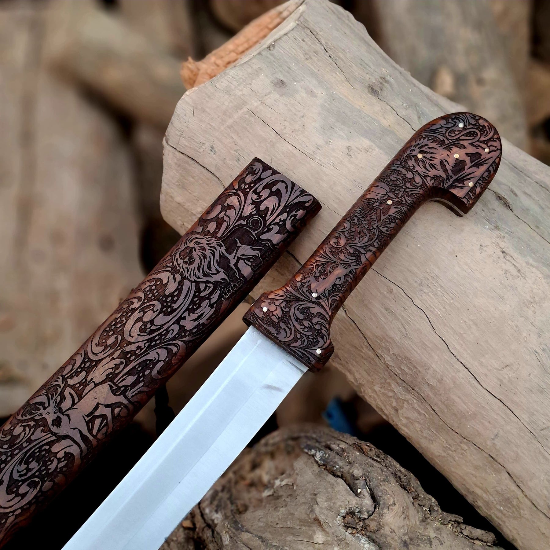 Bone Handle Damascus Knife with Handcrafted Tooled Sheath detail view by Divine Knives