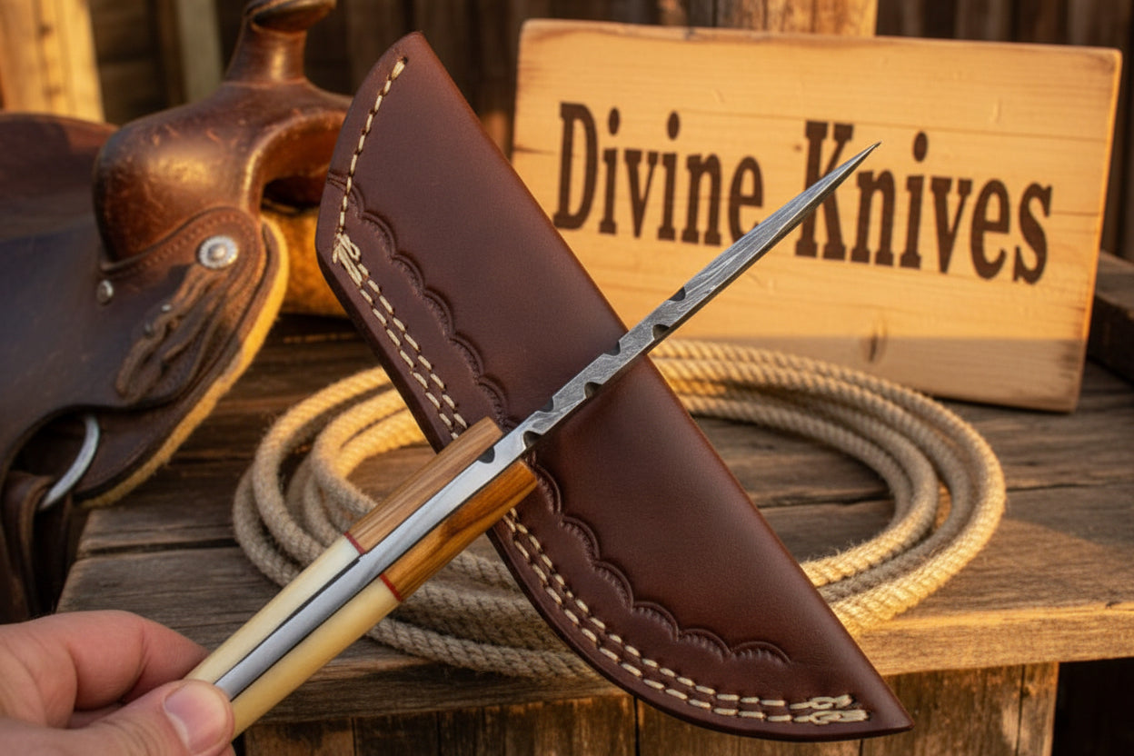 Bone and Wood Accent Damascus Knife Built for Field Dressing detail view by Divine Knives
