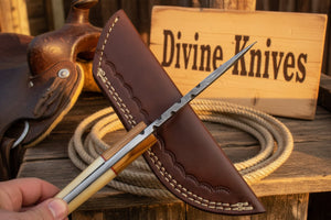 Bone and Wood Accent Damascus Knife Built for Field Dressing detail view by Divine Knives