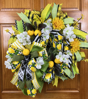 Lemon Summer Wreath | Yellow Floral Gingham Door Decor by Bouge Creations, view 4