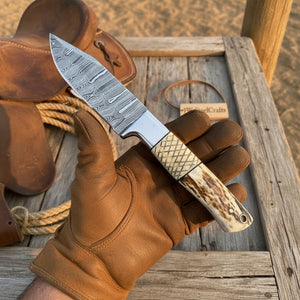 Frontier Stag Damascus Hunting Knife 9" Cross-Hatch by JW SteelCrafts