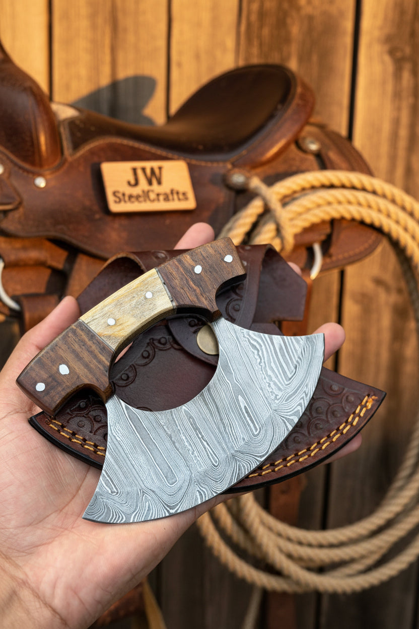 Custom Ulu Knife Damascus Steel Blade Efficient Kitchen Knife detail view by JW SteelCrafts