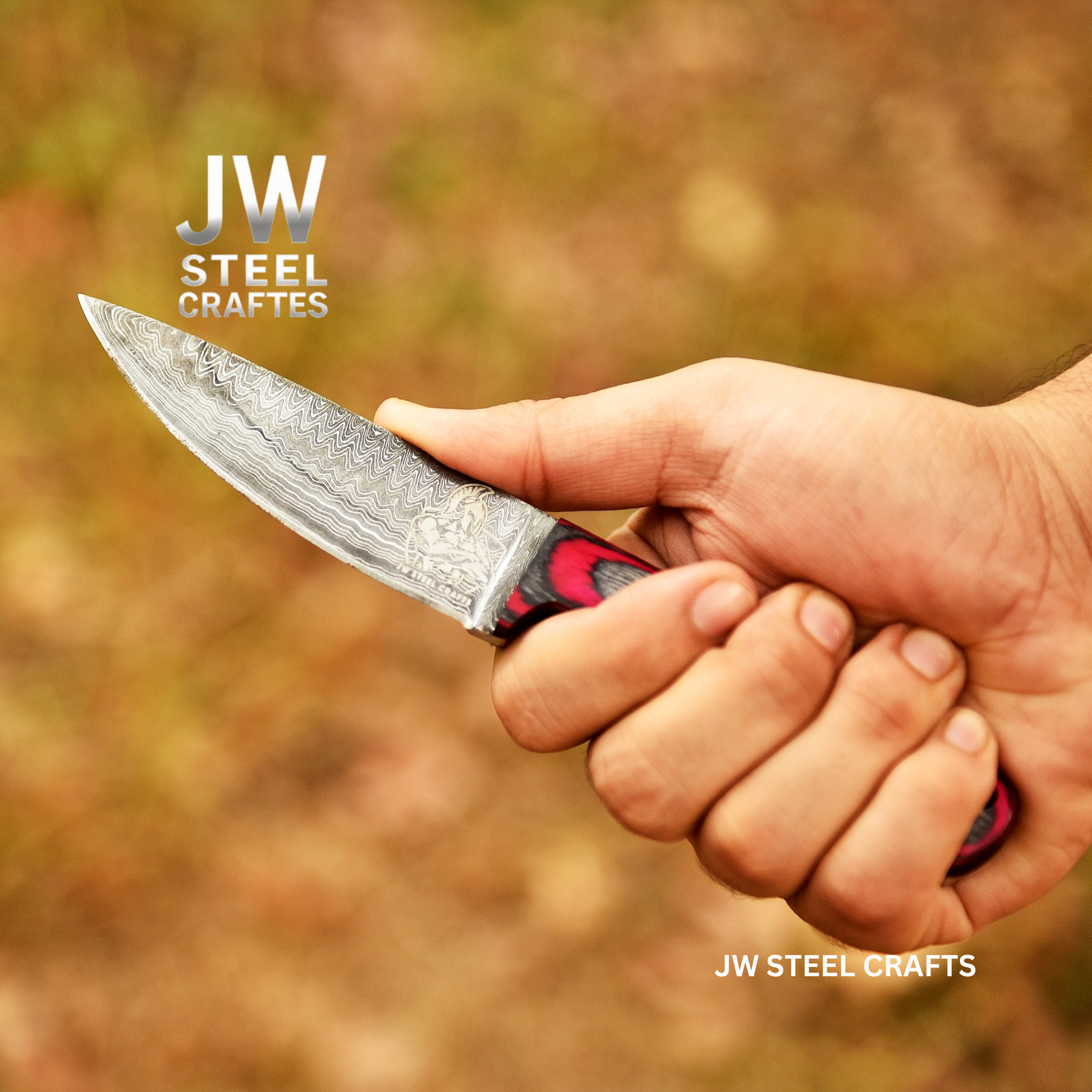 Twilight Resin Bushcraft Knife 8" Pink & Blue Pakka Wood Handle | JW SteelCrafts detail view by JW SteelCrafts