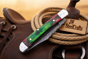 Forest Green Trail Trapper Knife Pakka Wood Damascus Steel folding Trapper Knife detail view by JW SteelCrafts