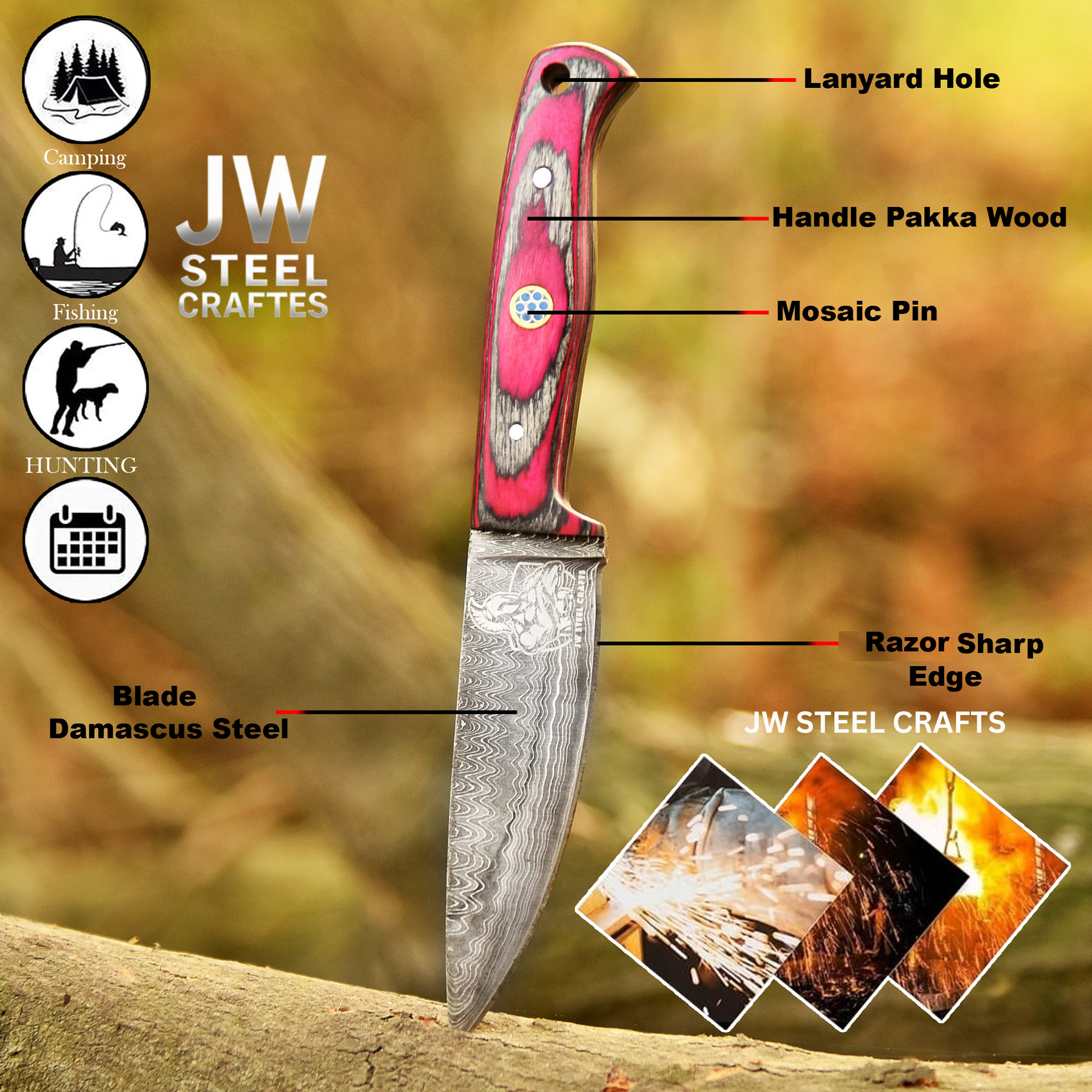 Twilight Resin Bushcraft Knife 8" Pink & Blue Pakka Wood Handle | JW SteelCrafts detail view by JW SteelCrafts