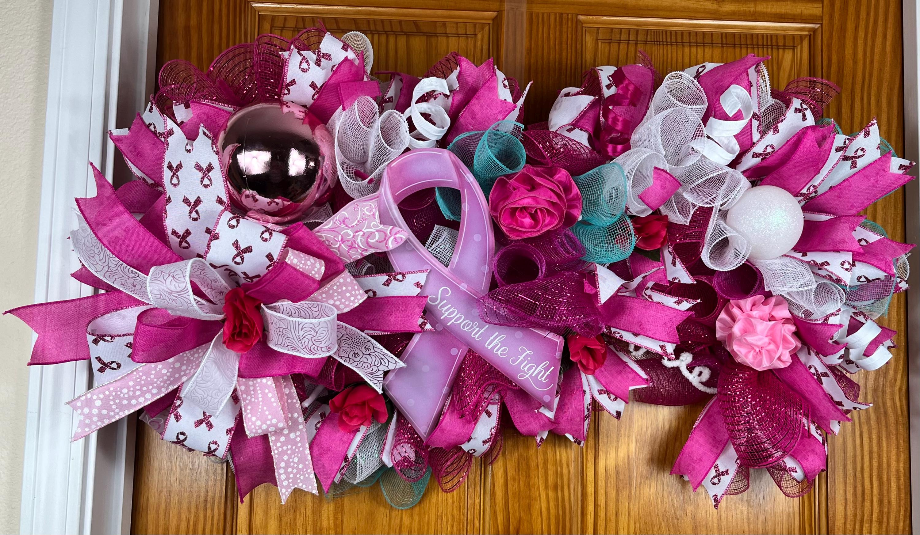 Breast Cancer Awareness Wreath | Pink Ribbon Door Decor by Bouge Creations, view 2