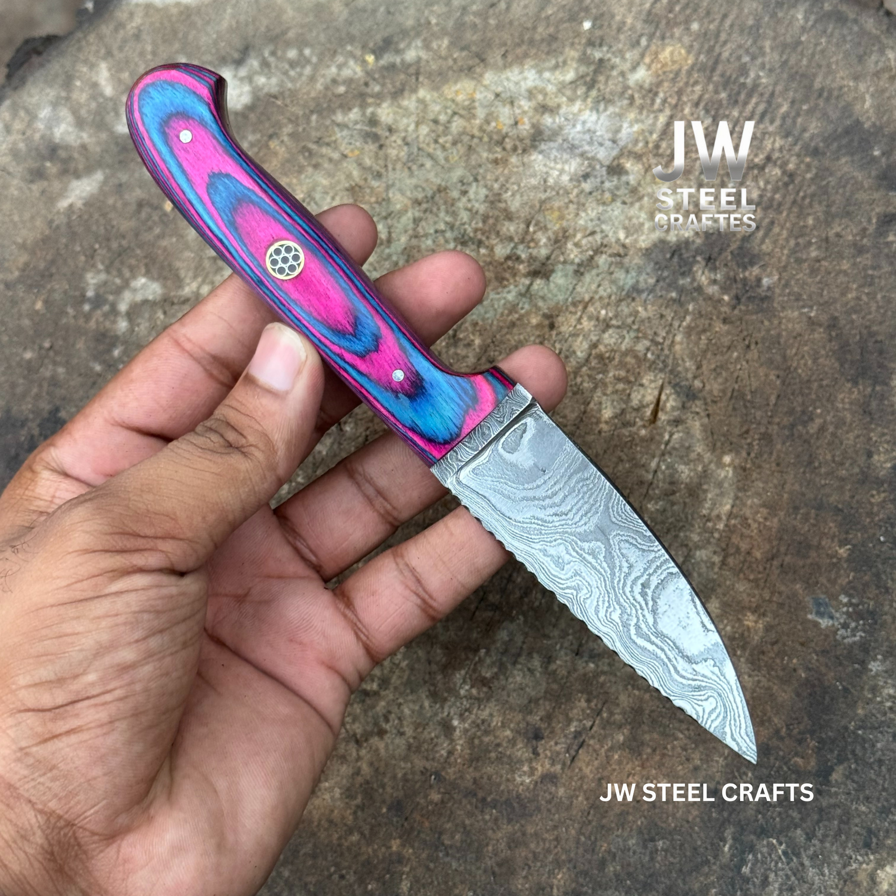 Twilight Resin Bushcraft Knife 8" Pink & Blue Pakka Wood Handle | JW SteelCrafts detail view by JW SteelCrafts