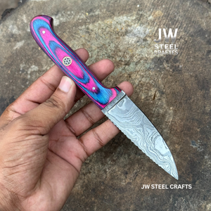 Twilight Resin Bushcraft Knife 8" Pink & Blue Pakka Wood Handle | JW SteelCrafts detail view by JW SteelCrafts