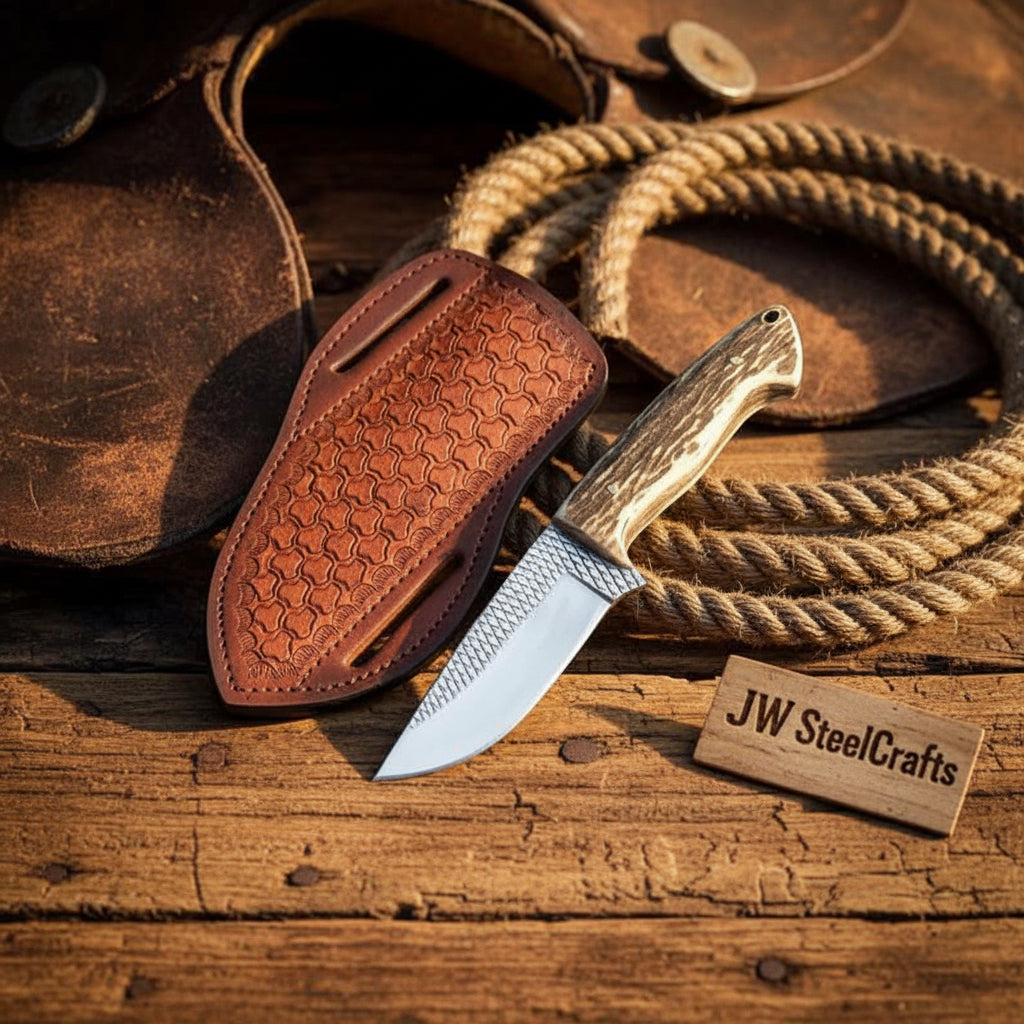 Rasp Steel Antler Cowboy Belt Knife with by Divine Knives