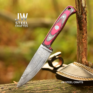 Twilight Resin Bushcraft Knife 8" Pink & Blue Pakka Wood Handle | JW SteelCrafts detail view by JW SteelCrafts