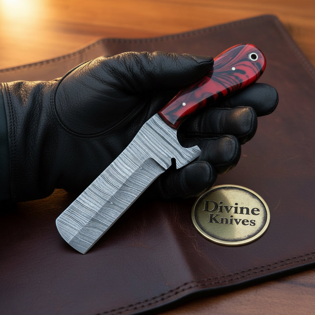 Crimson Razor Edge Bull Cutter Knife with Marbled Handle by Divine Knives