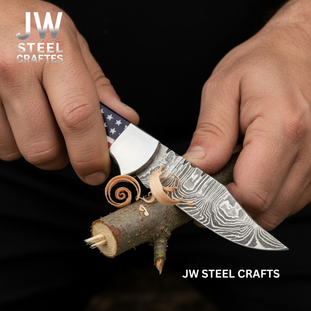 American Flag Damascus Folding Hunter with Ram Horn Handle detail view by JW SteelCrafts