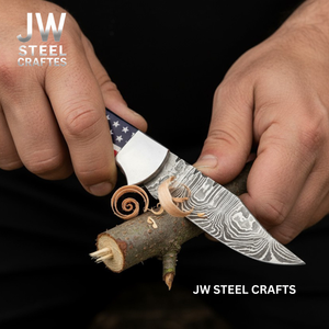 American Flag Damascus Folding Hunter with Ram Horn Handle detail view by JW SteelCrafts