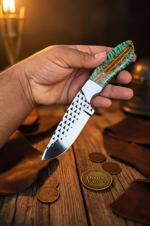 Emerald Pinecone Ranch Skinner Knife with Carved Wood Handle detail view by Divine Knives