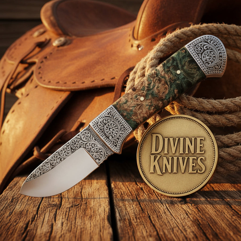 Engraved D2 Hunting Knife with Cut Scrollwork and Burl Wood Handle by Divine Knives
