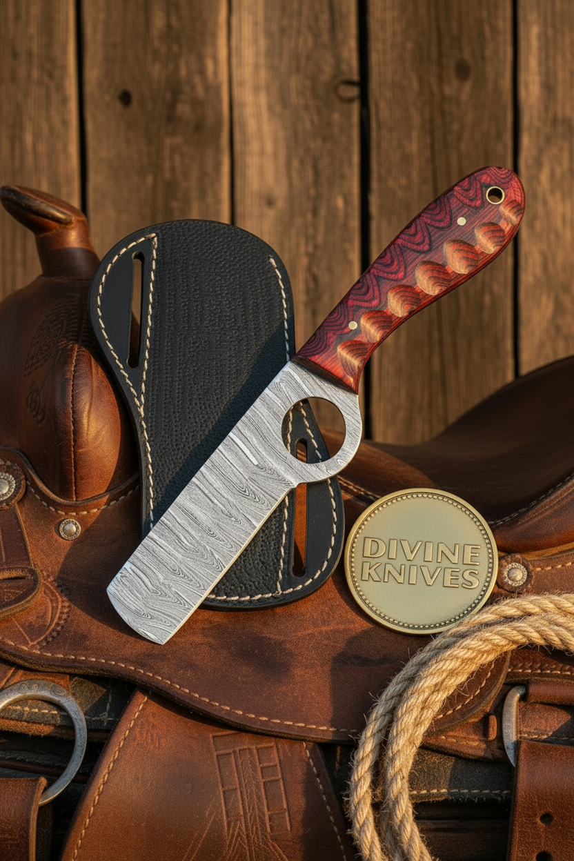 Red Scalloped Bull Cutter with Integrated Loop and Damascus Blade by Divine Knives