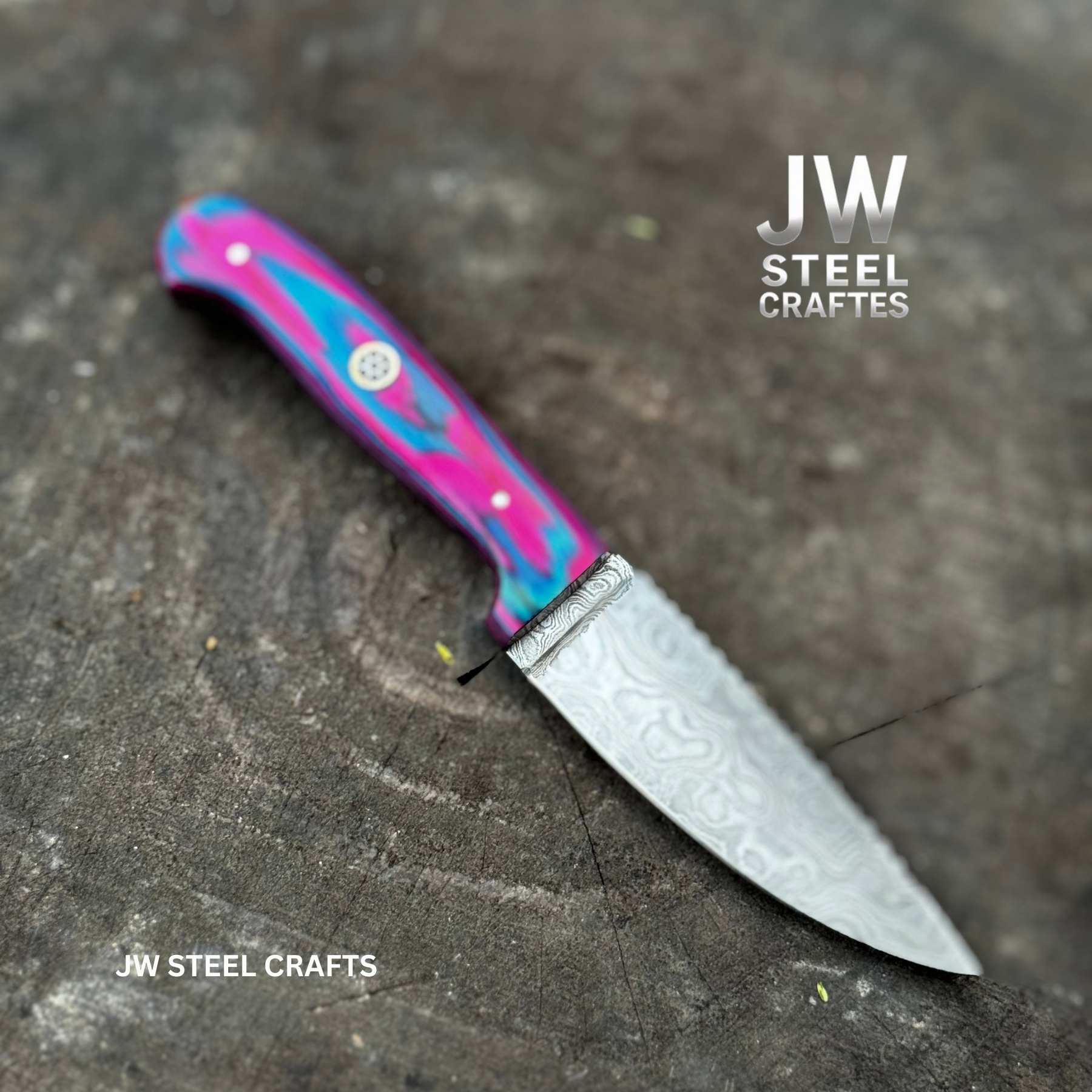 Twilight Resin Bushcraft Knife 8" Pink & Blue Pakka Wood Handle | JW SteelCrafts detail view by JW SteelCrafts