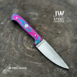 Twilight Resin Bushcraft Knife 8" Pink & Blue Pakka Wood Handle | JW SteelCrafts detail view by JW SteelCrafts