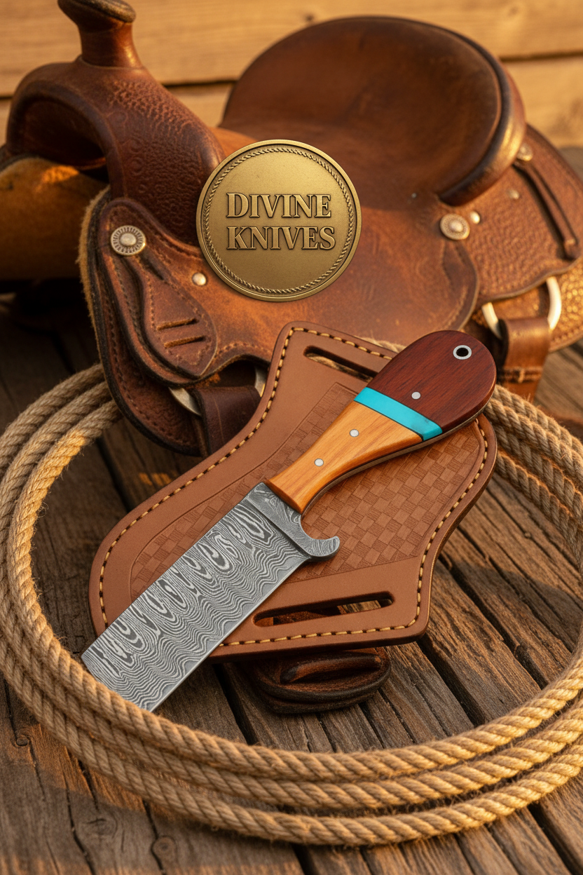 Turquoise Ridge Damascus Bull Cutter with Dual Tone Wood Handle by Divine Knives