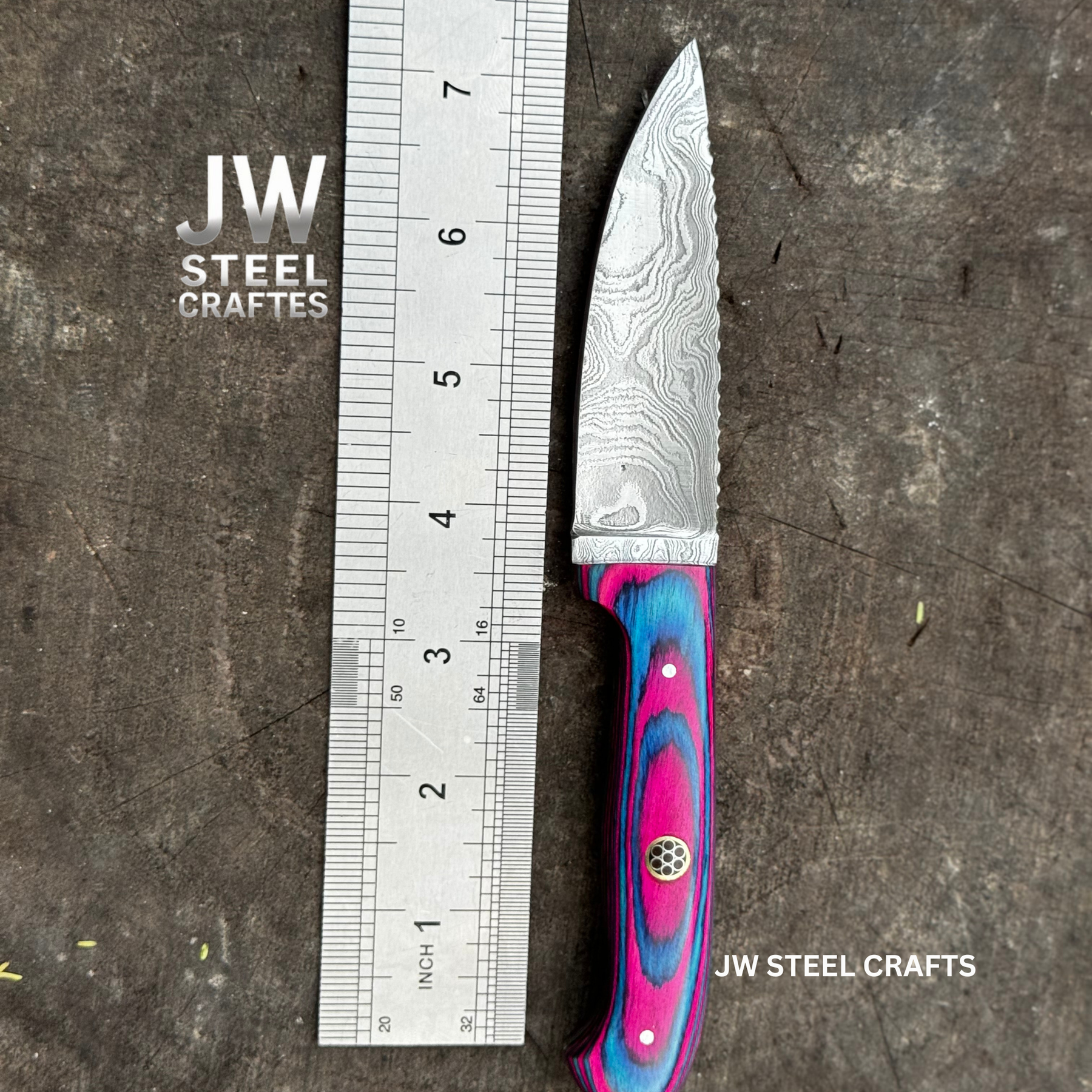 Twilight Resin Bushcraft Knife 8" Pink & Blue Pakka Wood Handle | JW SteelCrafts detail view by JW SteelCrafts