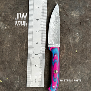 Twilight Resin Bushcraft Knife 8" Pink & Blue Pakka Wood Handle | JW SteelCrafts detail view by JW SteelCrafts