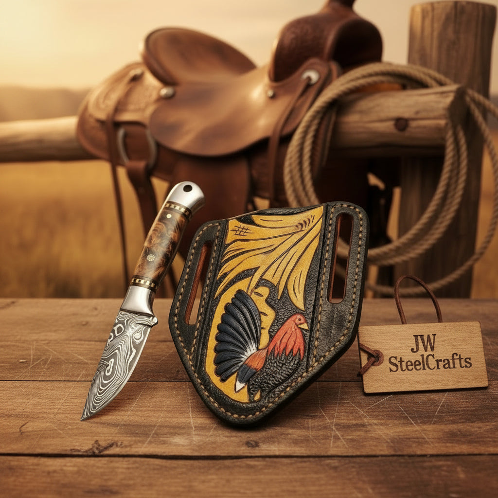 Amber Burl Buckaroo Knife 7" Handmade Damascus Steel with wood handle