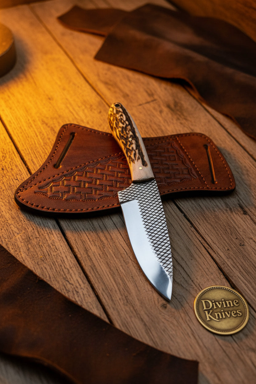 Stag Horn Rasp Skinner Knife with Included Tooled Sheath detail view by Divine Knives