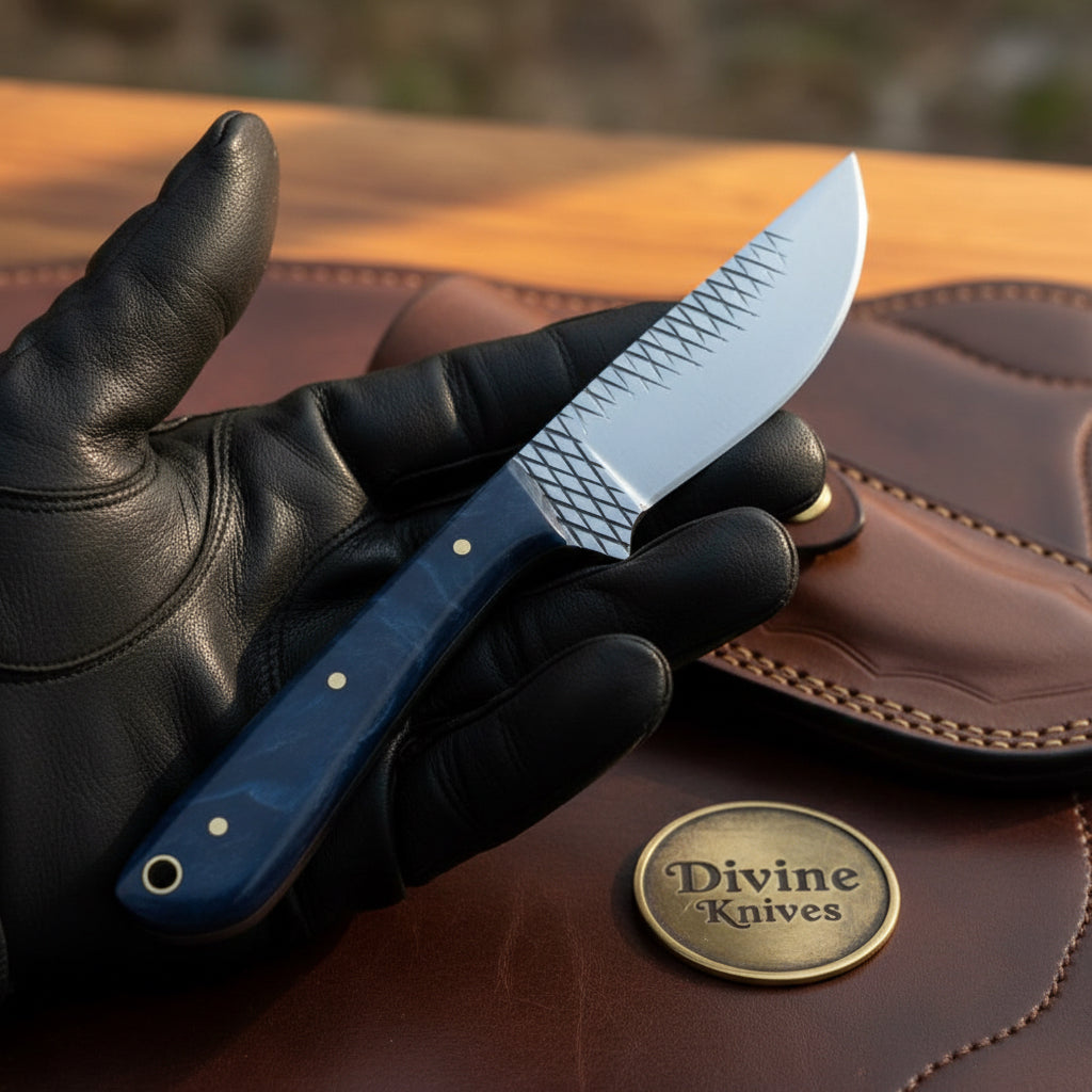 Blue Swirl Resin Rasp Cowboy Knife with product detail, view 2