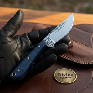 Blue Swirl Resin Rasp Cowboy Knife with product detail, view 2
