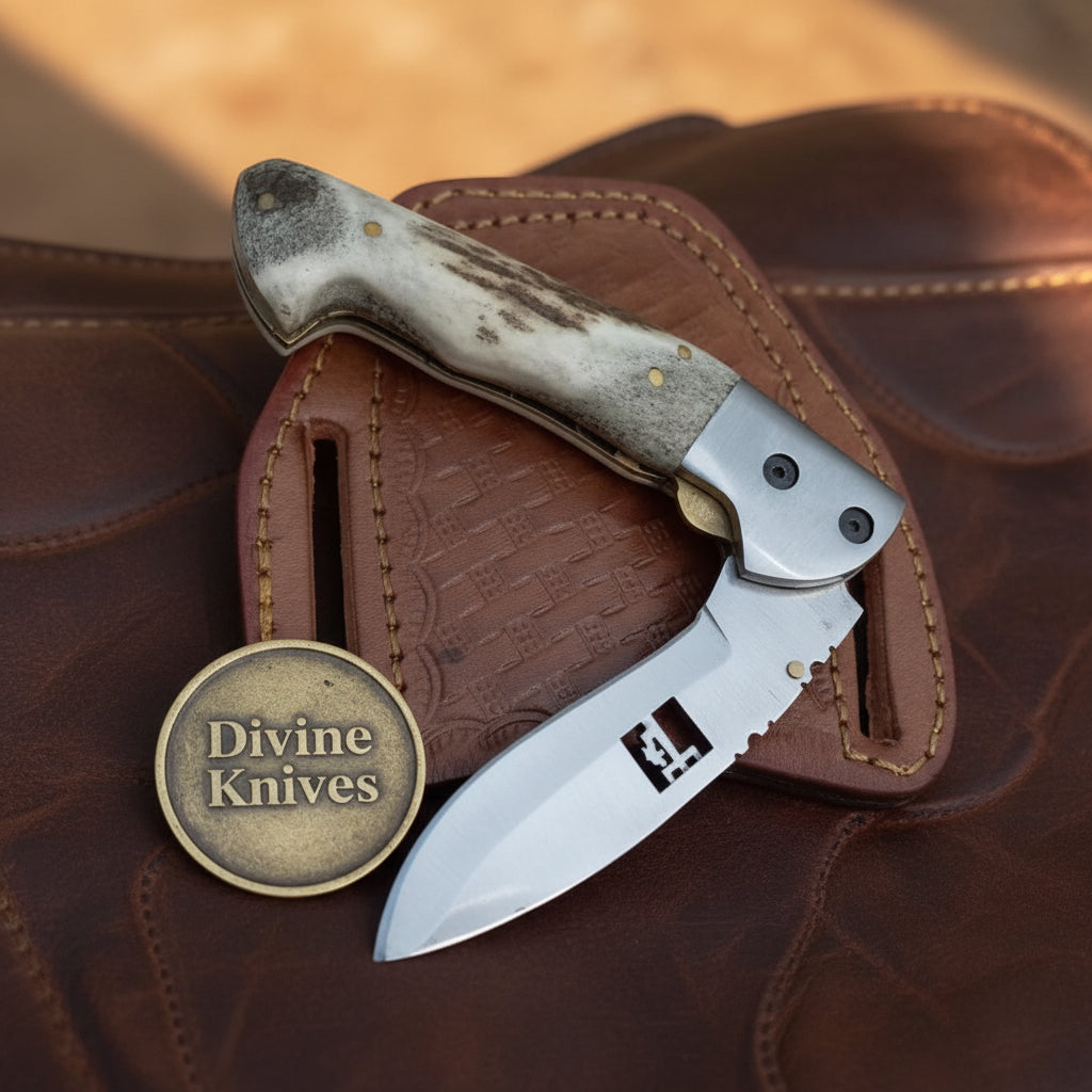 Stag Horn Cutout Folding Knife with Liner Lock and Brand Mark Window