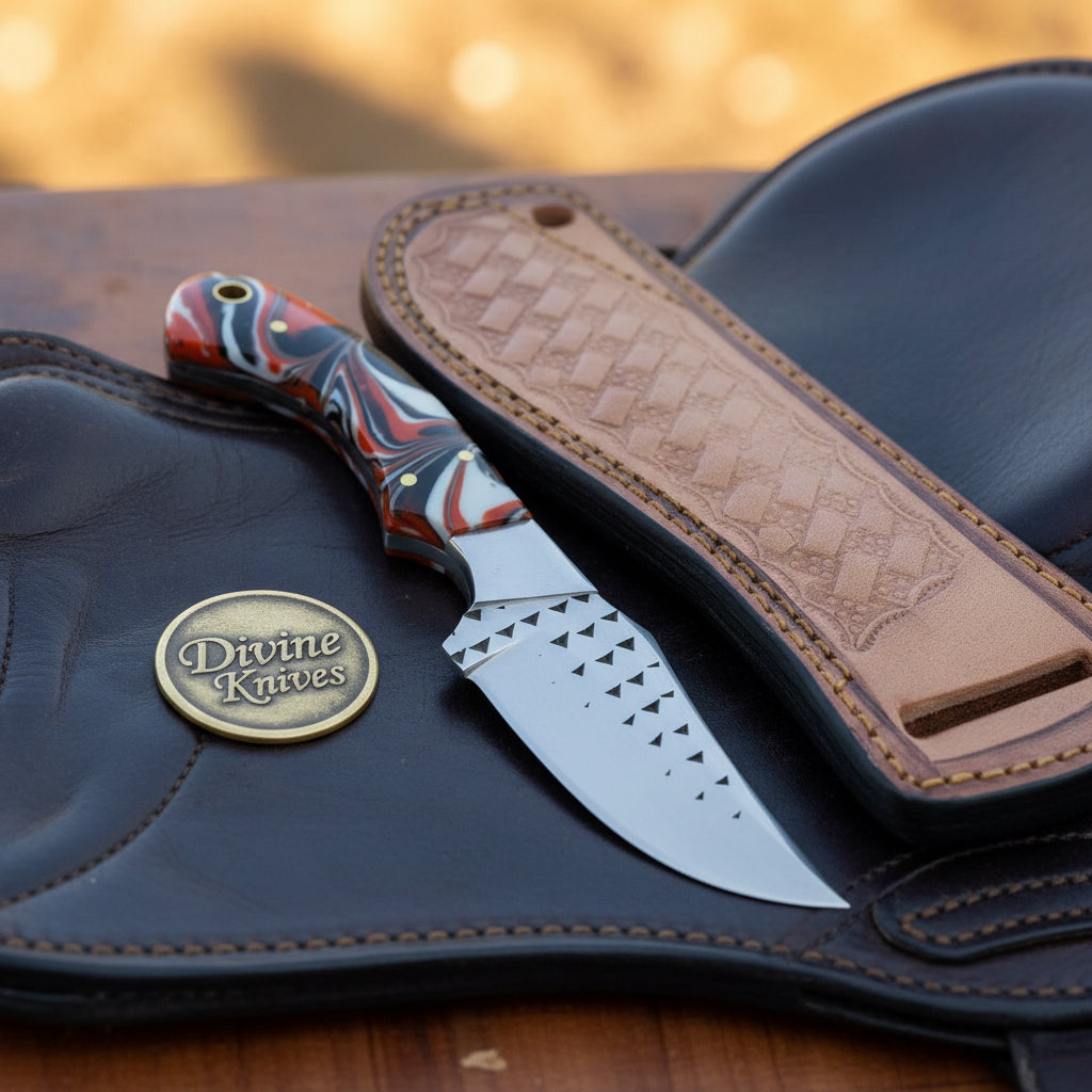 Orange Marble Resin Cowboy Belt Knife with by Divine Knives