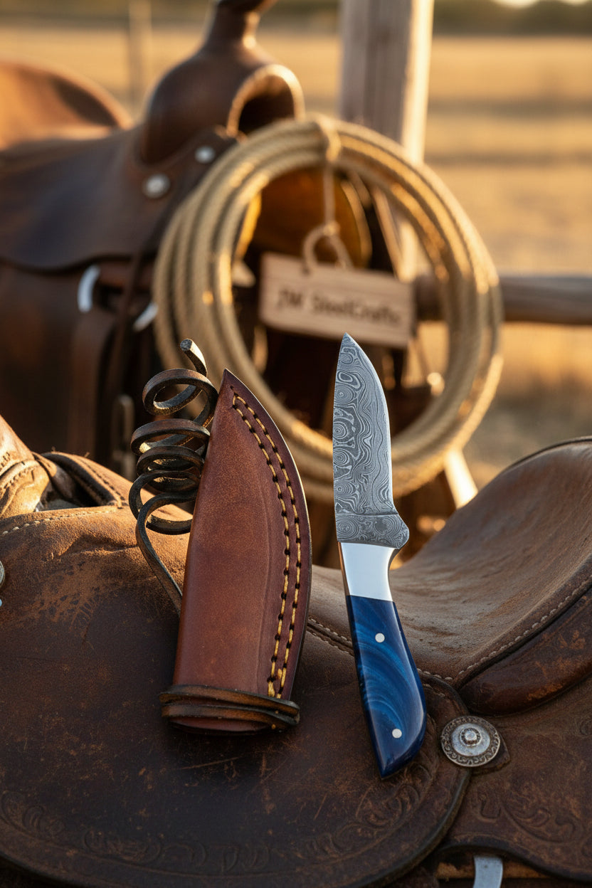Cobalt Trail Caper Knife 10" Handmade Damascus Blue Resin Handle