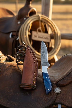 Cobalt Trail Caper Knife 10" Handmade Damascus Blue Resin Handle