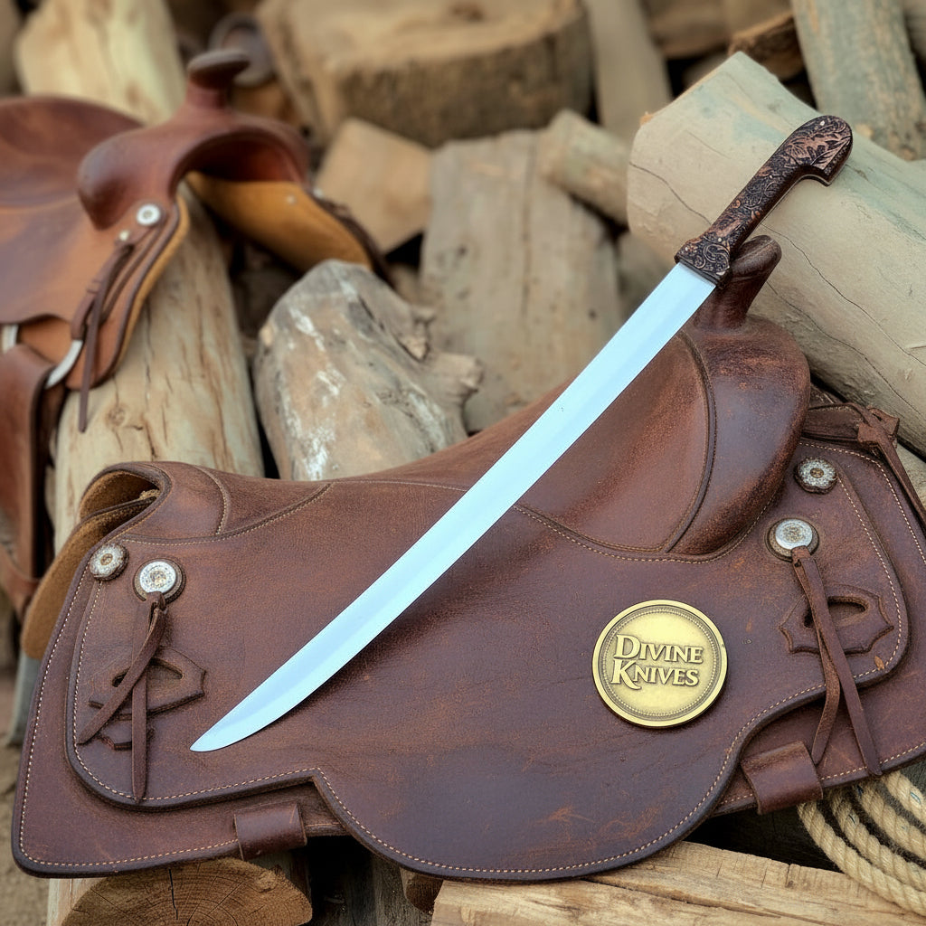 Bone Handle Damascus Knife with Handcrafted Tooled Sheath detail view by Divine Knives