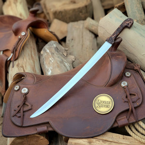 Bone Handle Damascus Knife with Handcrafted Tooled Sheath detail view by Divine Knives