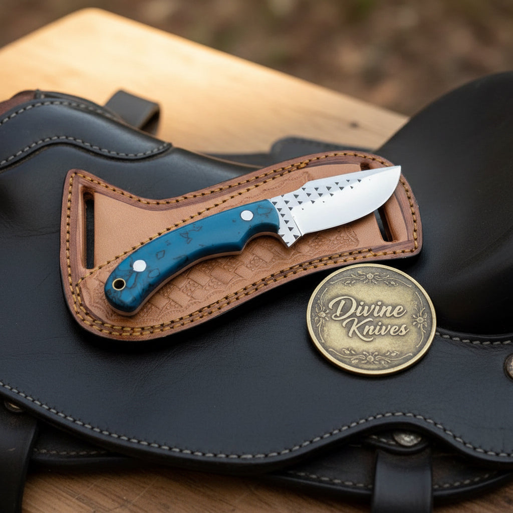Turquoise Marble Rasp Cowboy Knife with product detail, view 4