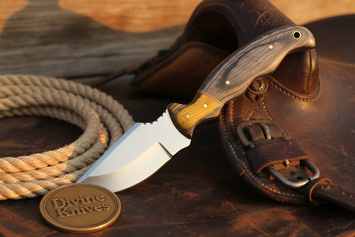 Yellow Accent Damascus Knife with Gray Wood Handle and Lanyard Hole detail view by Divine Knives