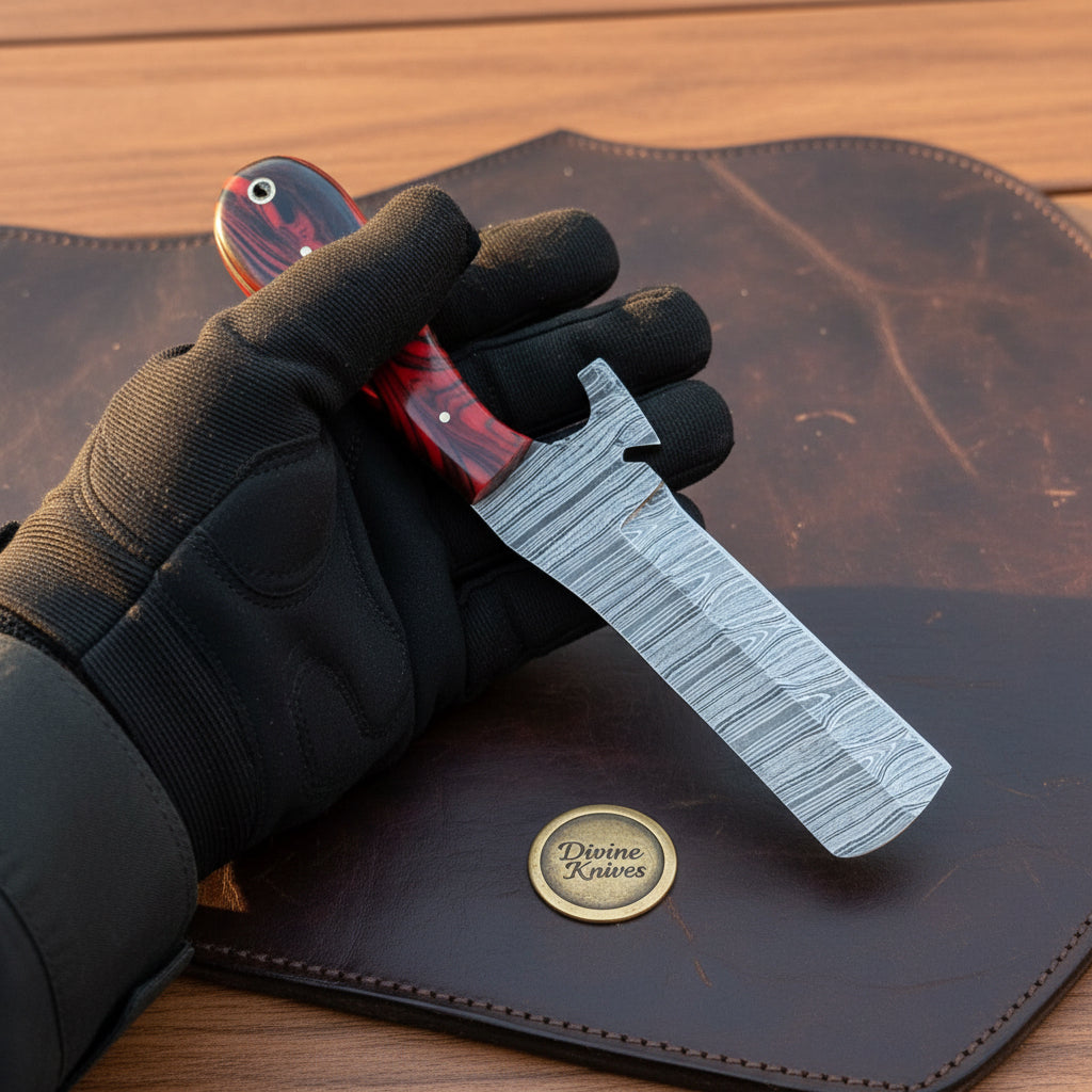 Crimson Razor Edge Bull Cutter Knife with Marbled Handle detail view by Divine Knives